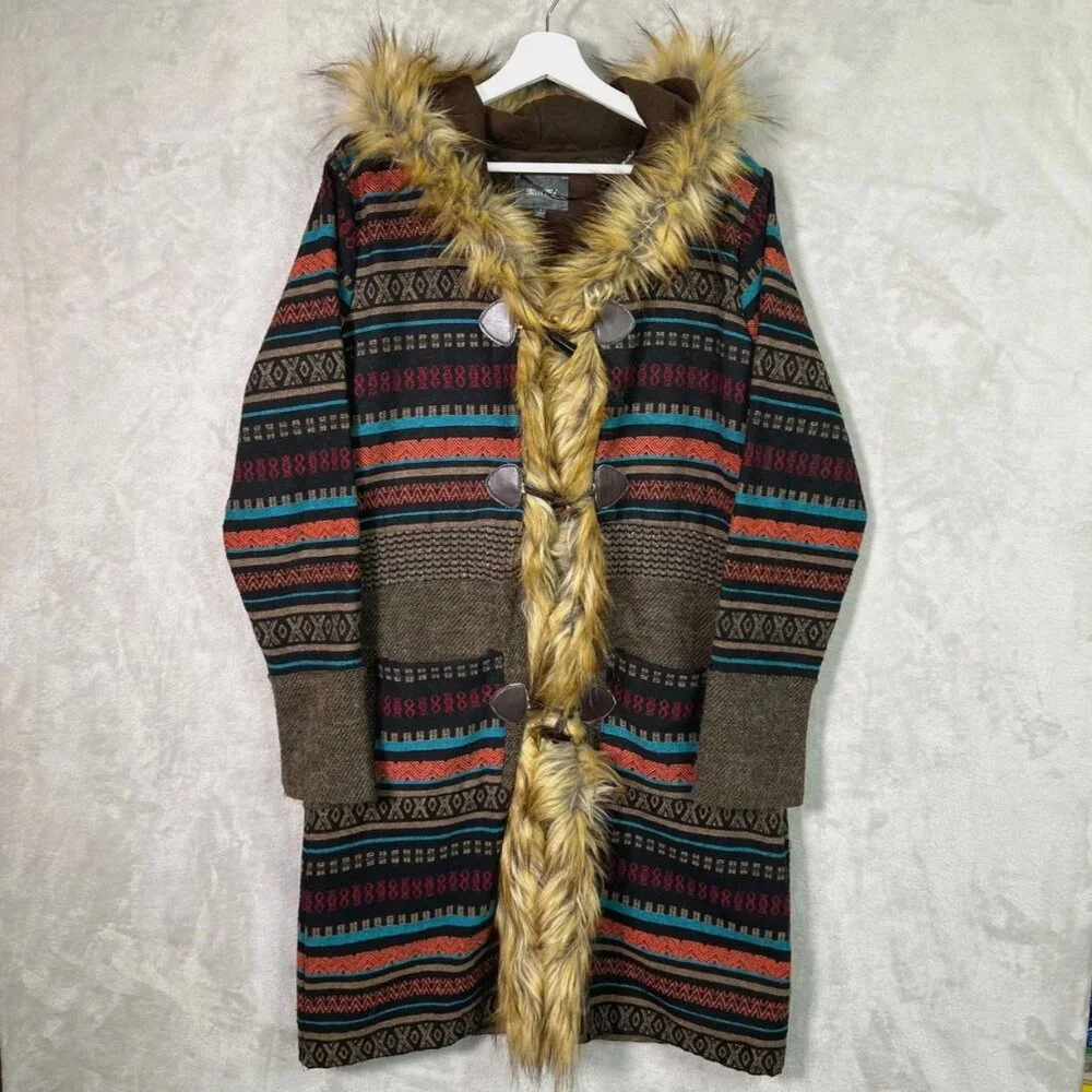 Miss Me Brown Faux Fur Trim Southwestern Toggle L Coat‎ Quilt Lined Wool Blend